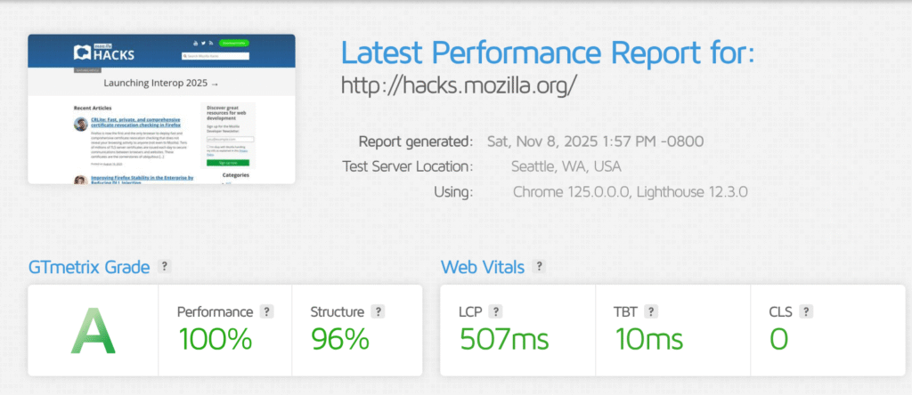 Performance grade showing excellent loading speed