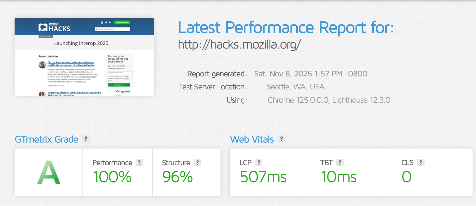 Performance grade showing excellent loading speed