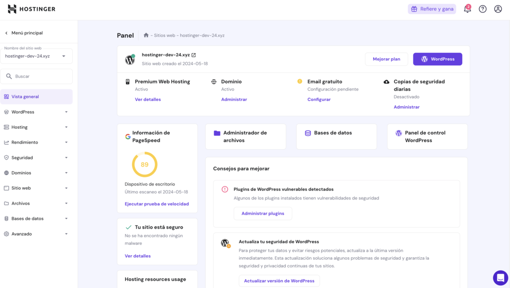 Hostinger hPanel Dashboard Screenshot for Easy Website Management