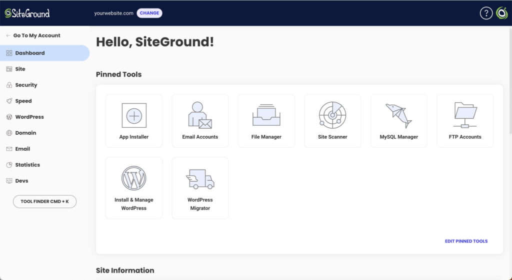 Site Tools dashboard screenshot for SiteGround Review