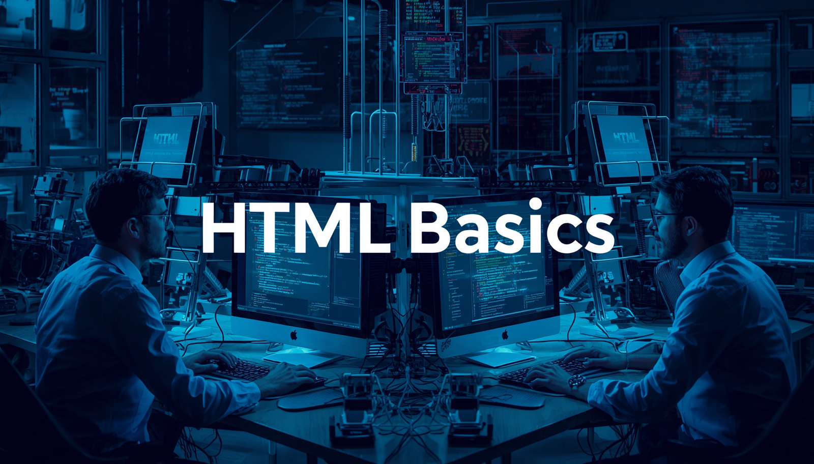 An image of a person sitting in front of a computer screen, with the word HTML Basics written over it