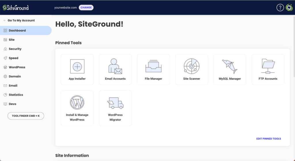 SiteGround hosting control panel dashboard interface