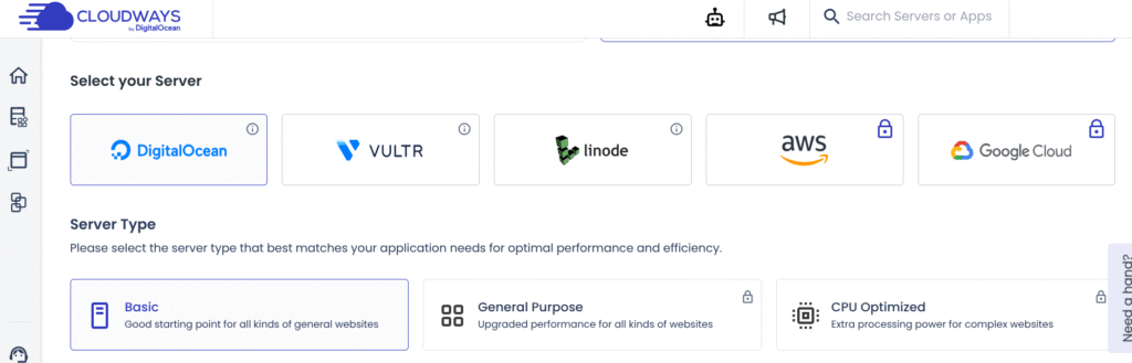 Cloudways control panel showing many server choices