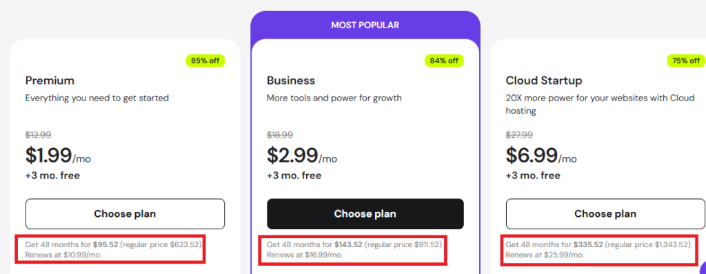 Hostinger pricing screenshot showing jump in revewal price