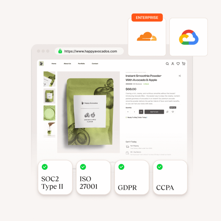 Ecommerce page showing enterprise cloud security badges